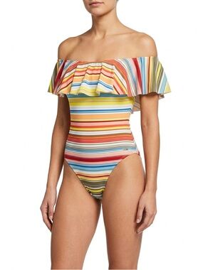 Vince Camuto Off Shoulder Ruffle Stripe One Piece Swimsuit 12